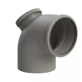 Tricox PET90 egyfalú PPs ellenőrző könyök idom 160 mm, szürke, csavaros nyílózáras tisztítónyílással
