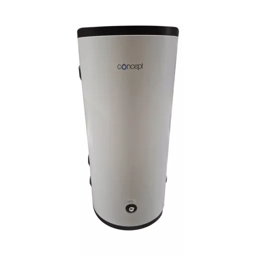CONCEPT Inox 150 literes puffertároló álló, henger alakú fehér tartály, Concept logóval