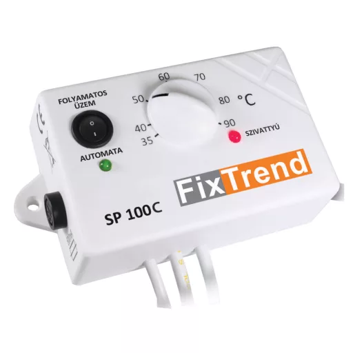 FixTrend SP100C termosztát fehér házzal, hőmérséklet-tekerőgombbal és üzemmód-kapcsolóval