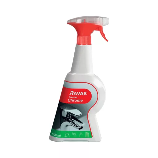 RAVAK Cleaner Chrome tisztítószer 500 ml-es piros pumpás flakonban, krómozott csaptelep címkeképpel