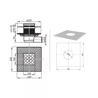 RAVAK SN501 padlóösszefolyó négyzet alakú inox ráccsal, cikcakk mintás, 10x10 cm