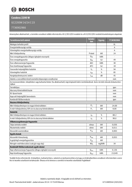 BOSCH Condens GC2200W 24/24 C 23 fali kondenzációs kombi gázkazán – adatlap