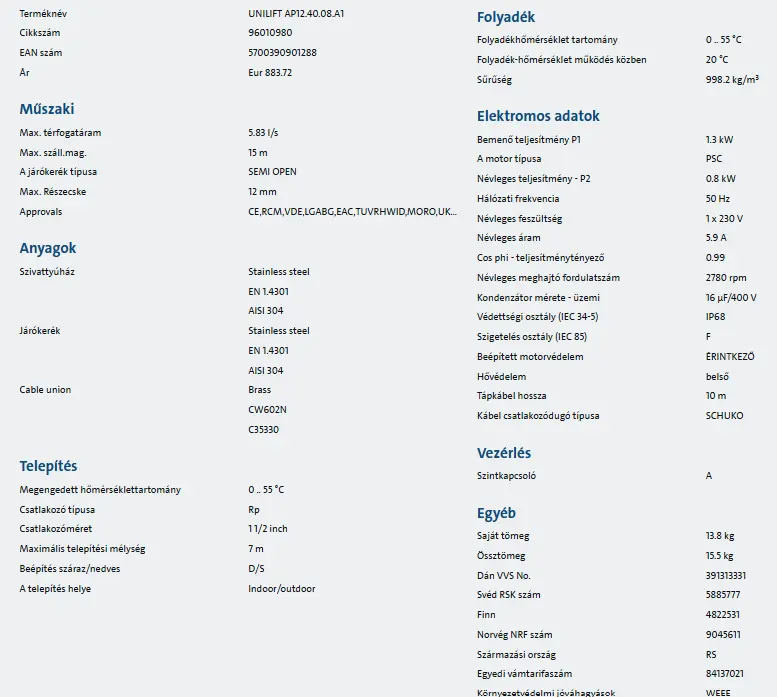 GRUNDFOS Unilift AP12.40.08.A1 búvárszivattyú szennyezett vízre maximum 7 méter telepítési mélységig – adatlap