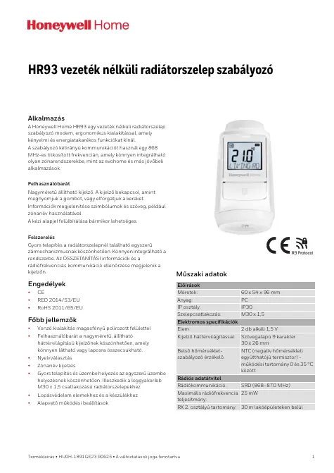 HONEYWELL HR93EE rádió frekvenciás radiátorszelep-vezérlő termosztát – prospektus